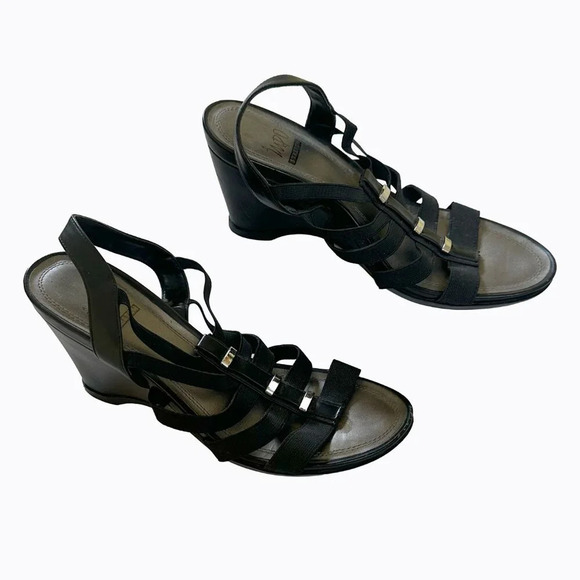 Impo Viera Stretch Black Wedge Strappy Sandals 8.5 M Silver Embellished Open Toe - Picture 3 of 10